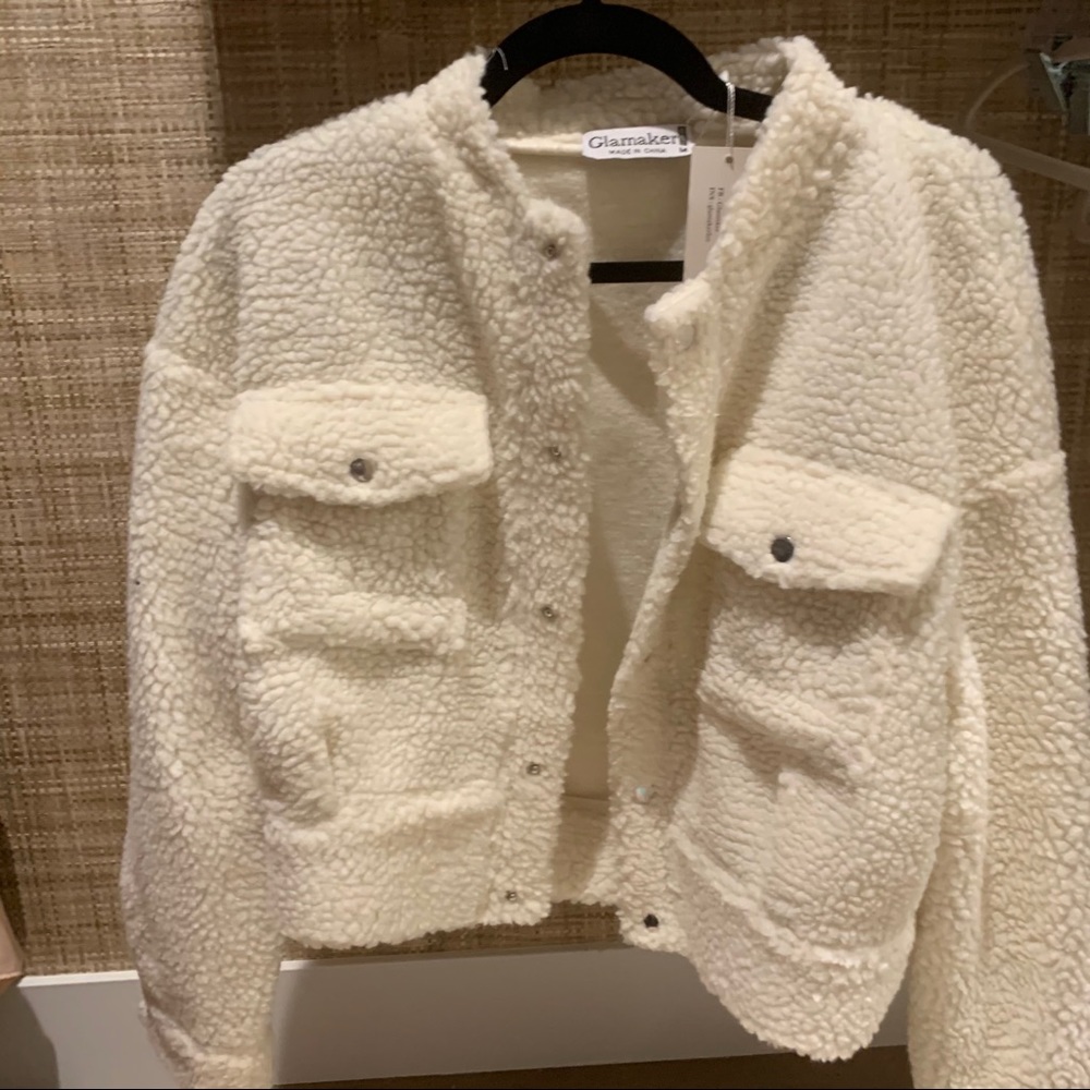 White Cropped Teddy Jacket